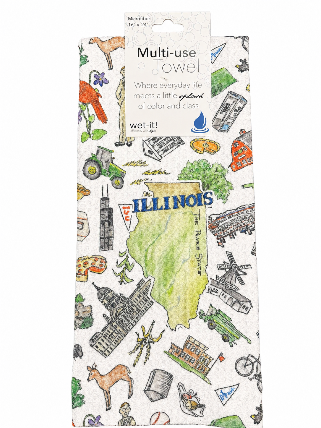 Multi-use towel packaging with Illinois map and various icons on a white background