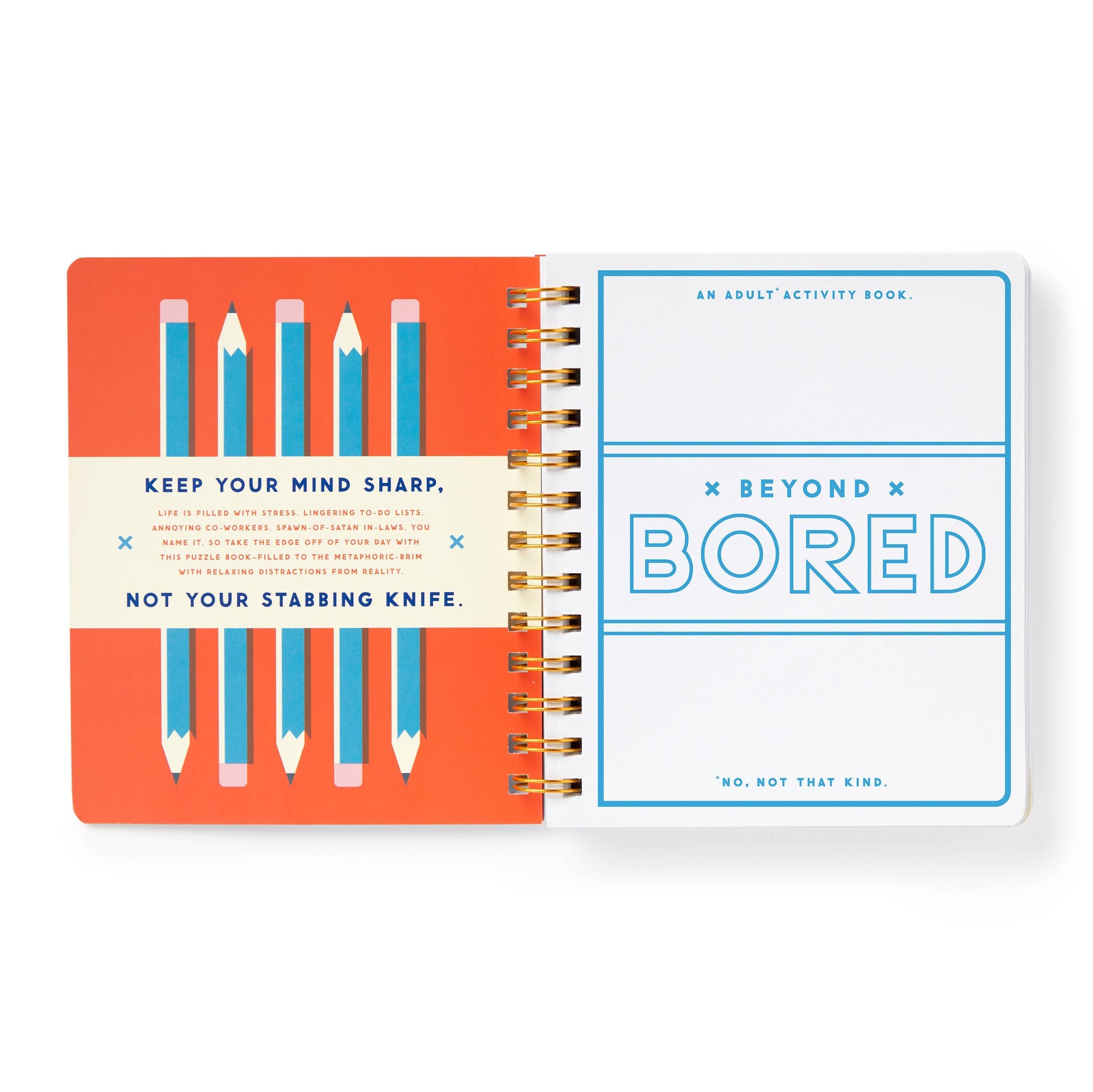 Activity book with pencil design and text on a white background
