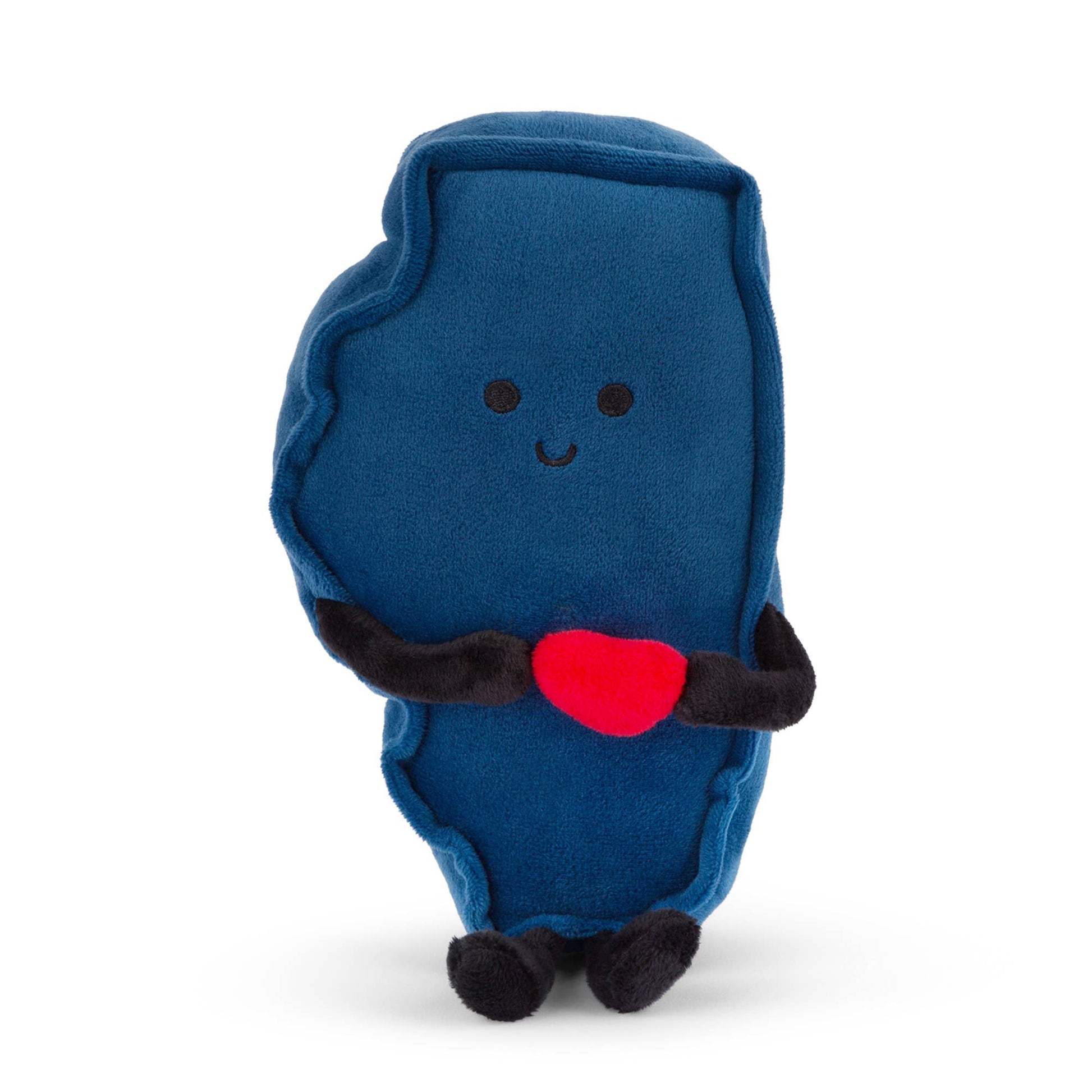 Blue plush toy with a red heart and black accents on a white background