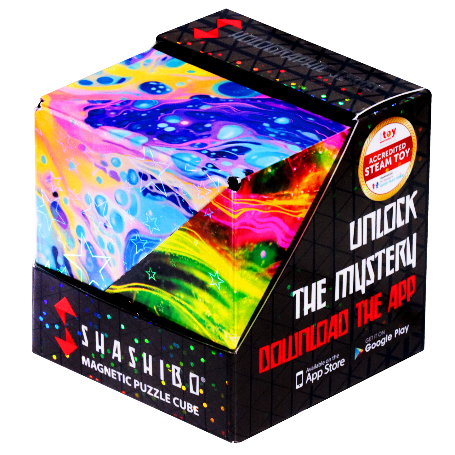 Magnetic puzzle cube with colorful design and app promotion text on packaging