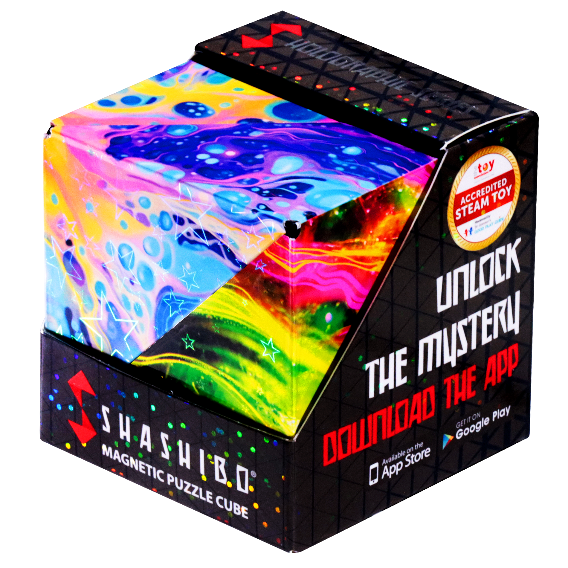Magnetic puzzle cube with colorful design and app promotion text on packaging