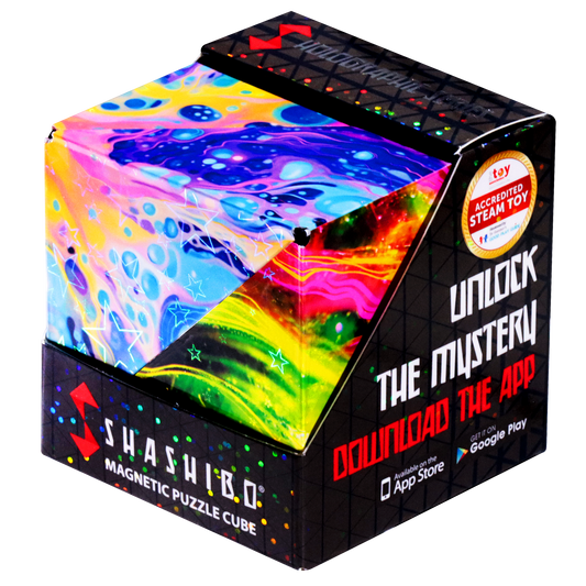 Magnetic puzzle cube with colorful design and app promotion text on packaging