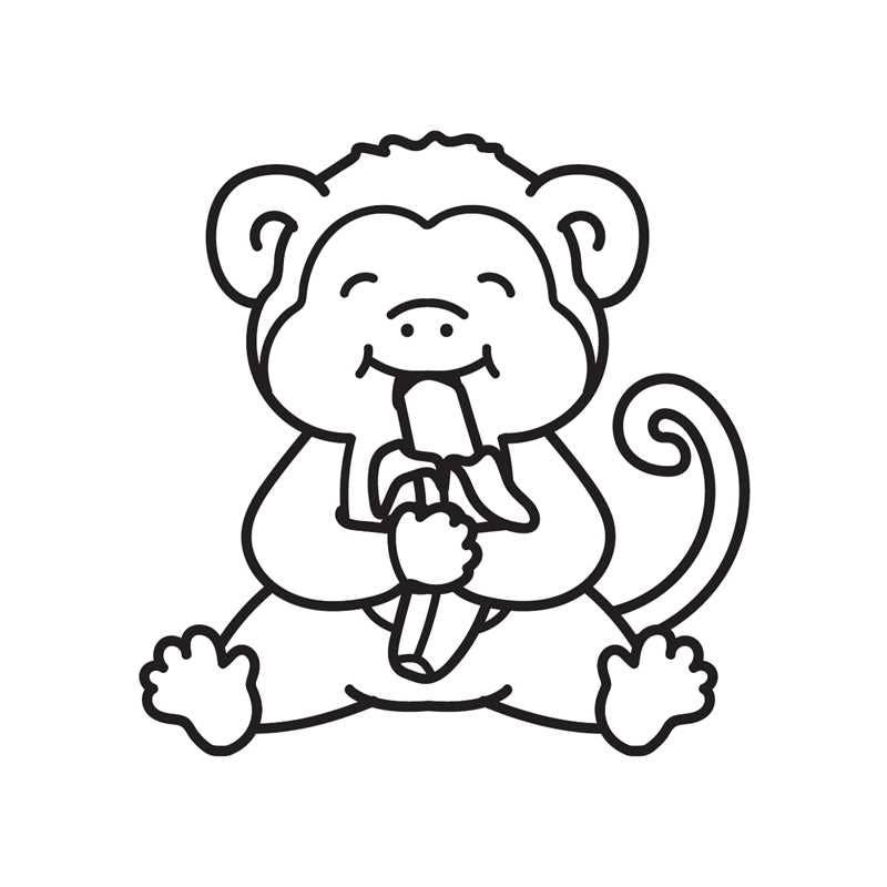 Black and white line drawing of a monkey eating a banana on a white background