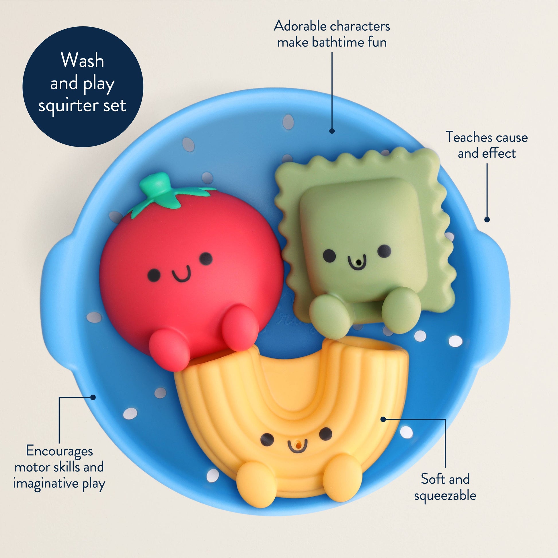 Colorful bath toy set with a tomato, ravioli and macaroni noodle in a blue colander, featuring text on benefits.