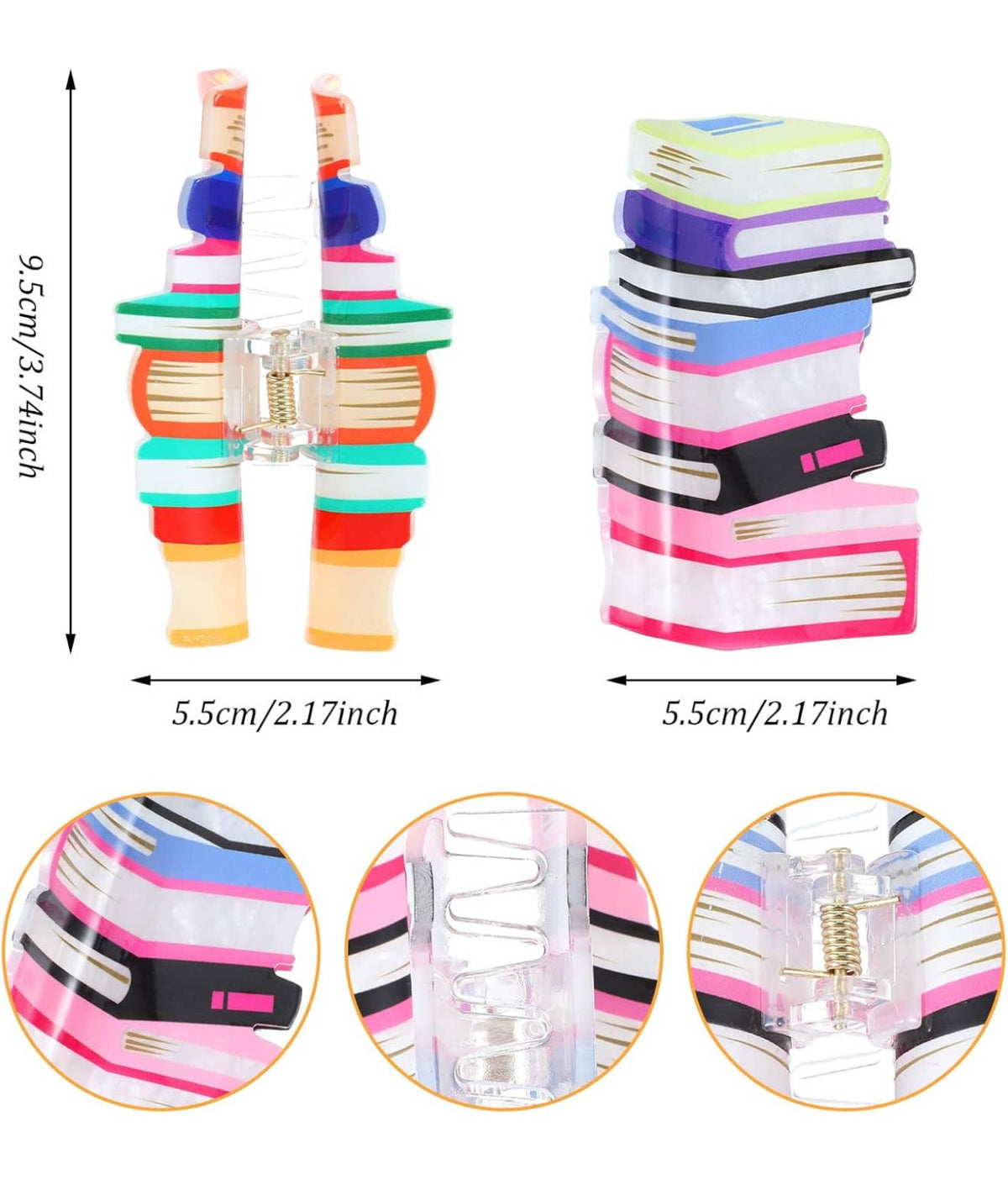 Colorful hair clips with dimensions and close-up details on a white background