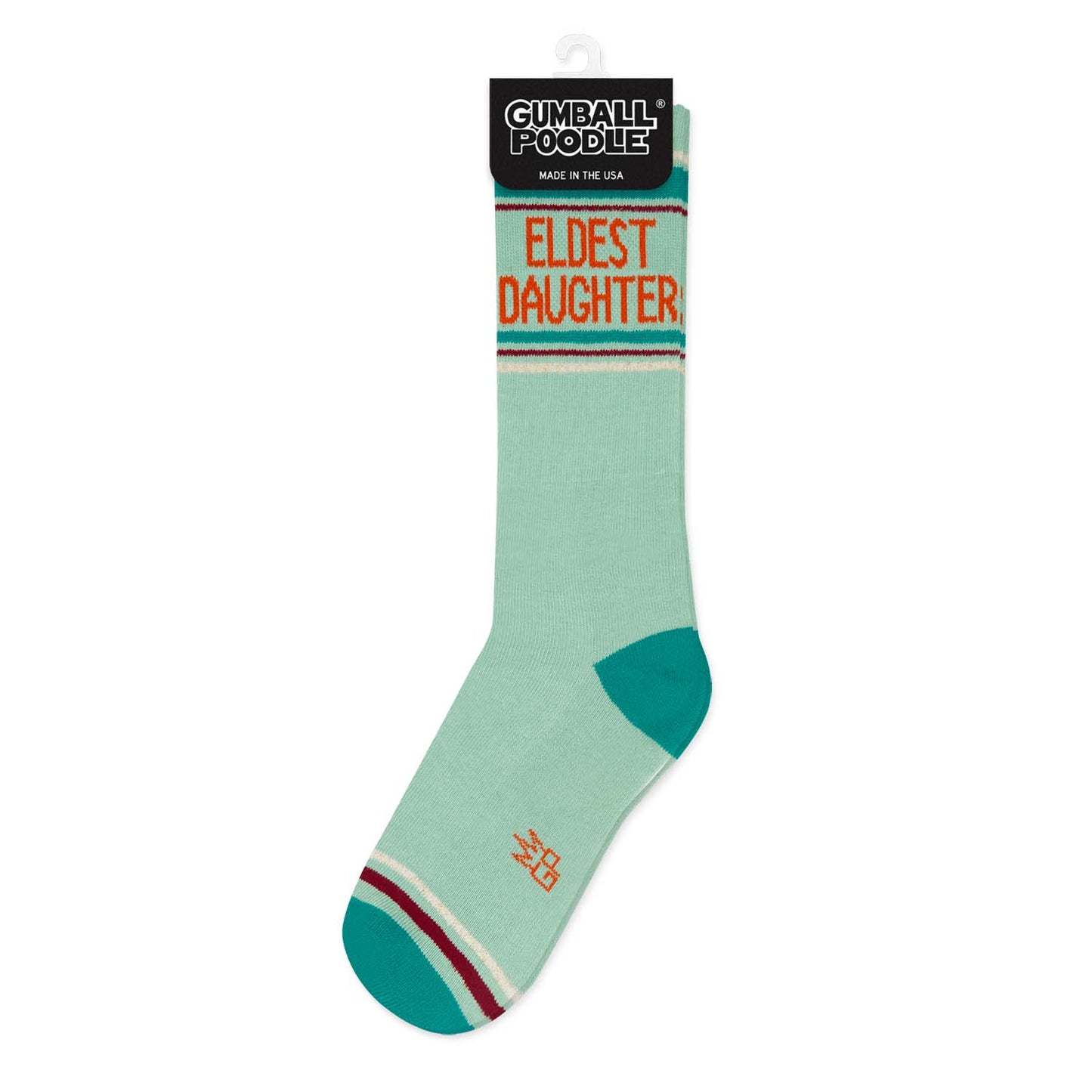 Teal sock with 'Eldest Daughter' text on a white background