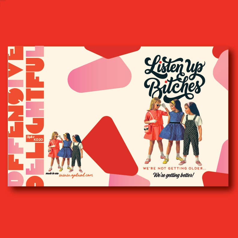 Product packaging with illustration of  girls and text on a red background