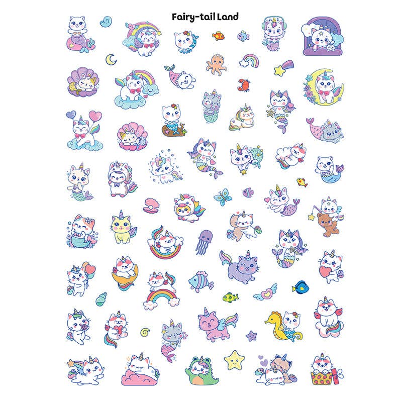 Collection of colorful cartoon characters from Fairy Tail Land on a white background