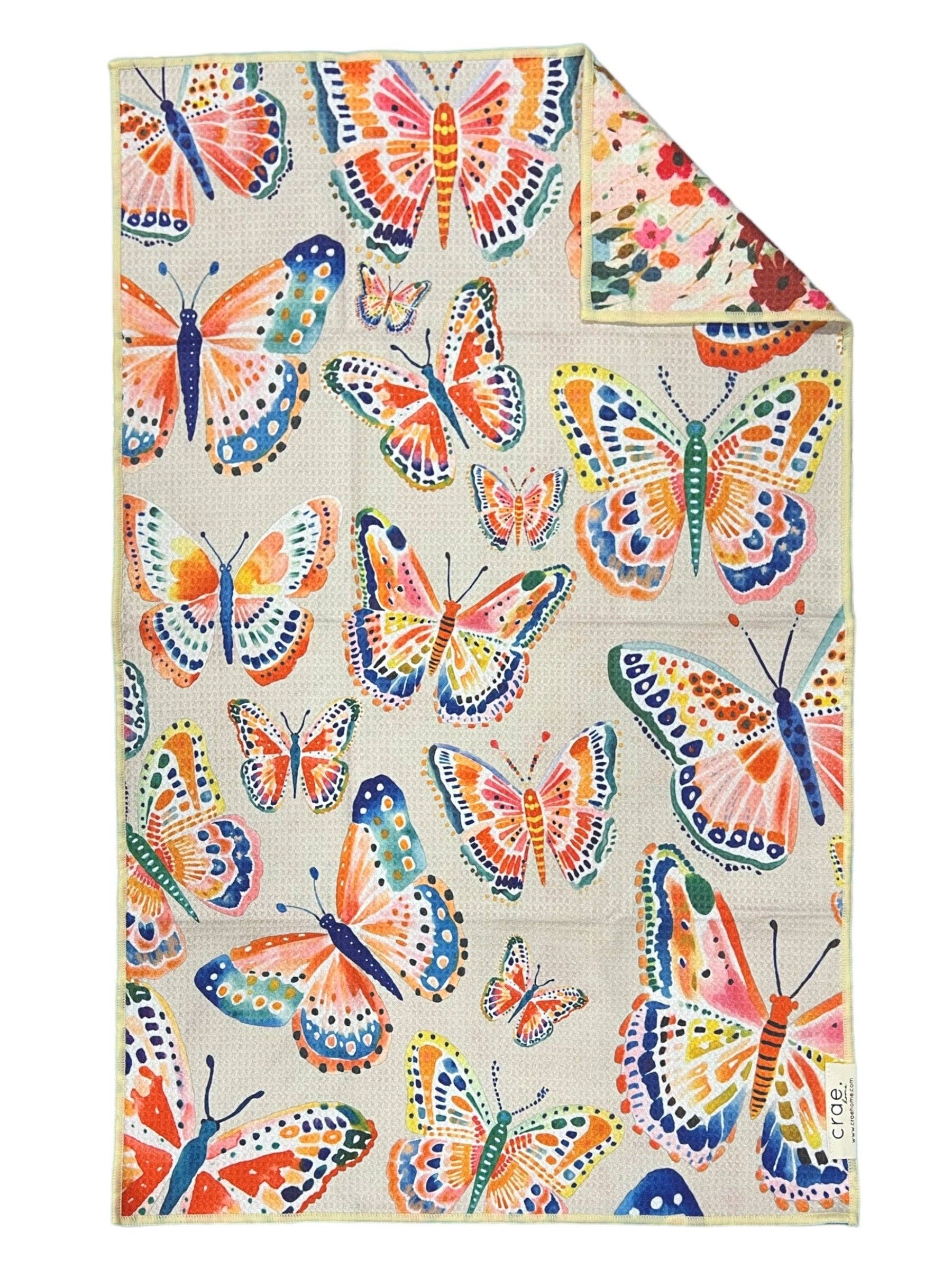 Rug with colorful butterfly pattern on a white background