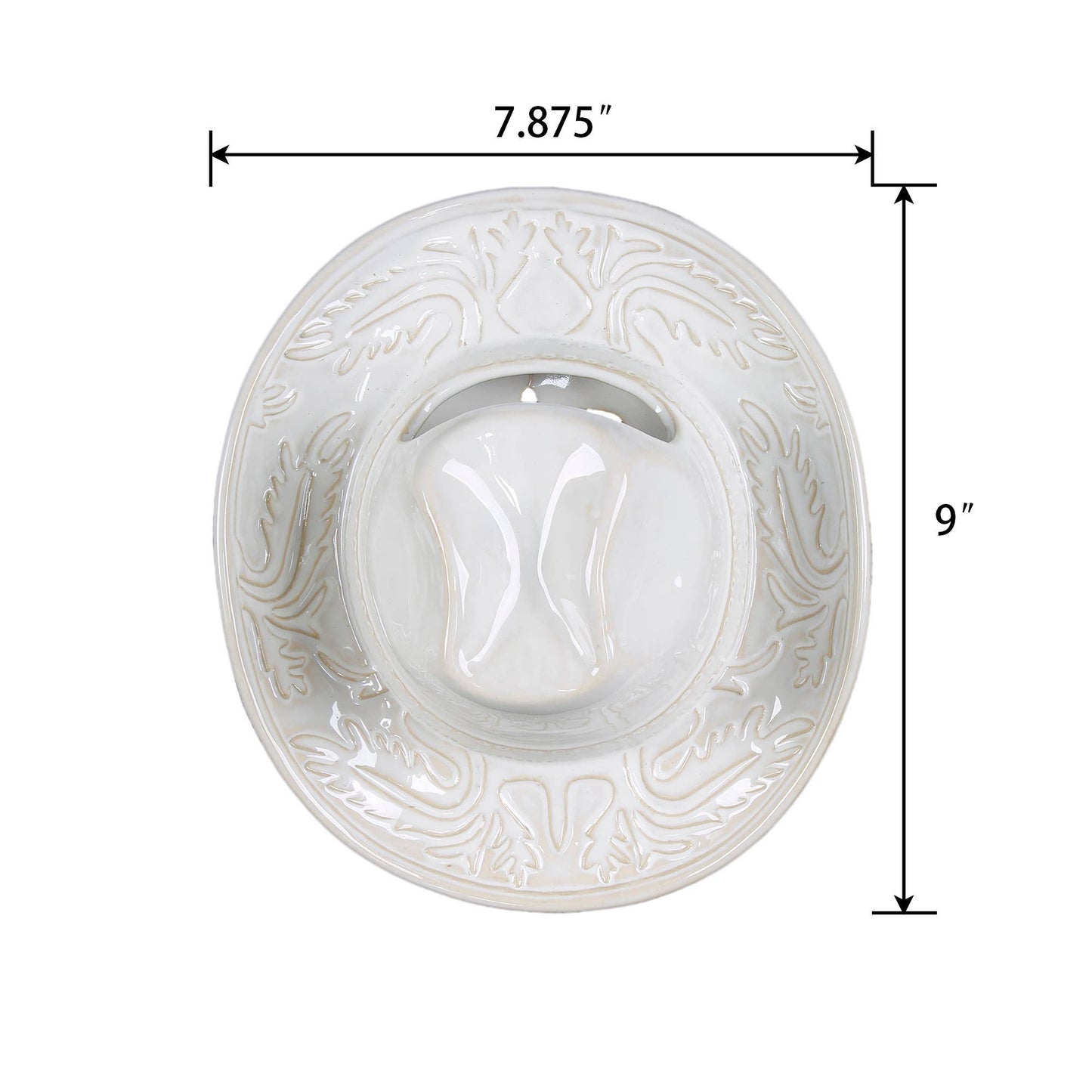 White ceramic cowboy hat shaped vase with intricate patterns and measurements on a white background (9" tall, 7.875" width)