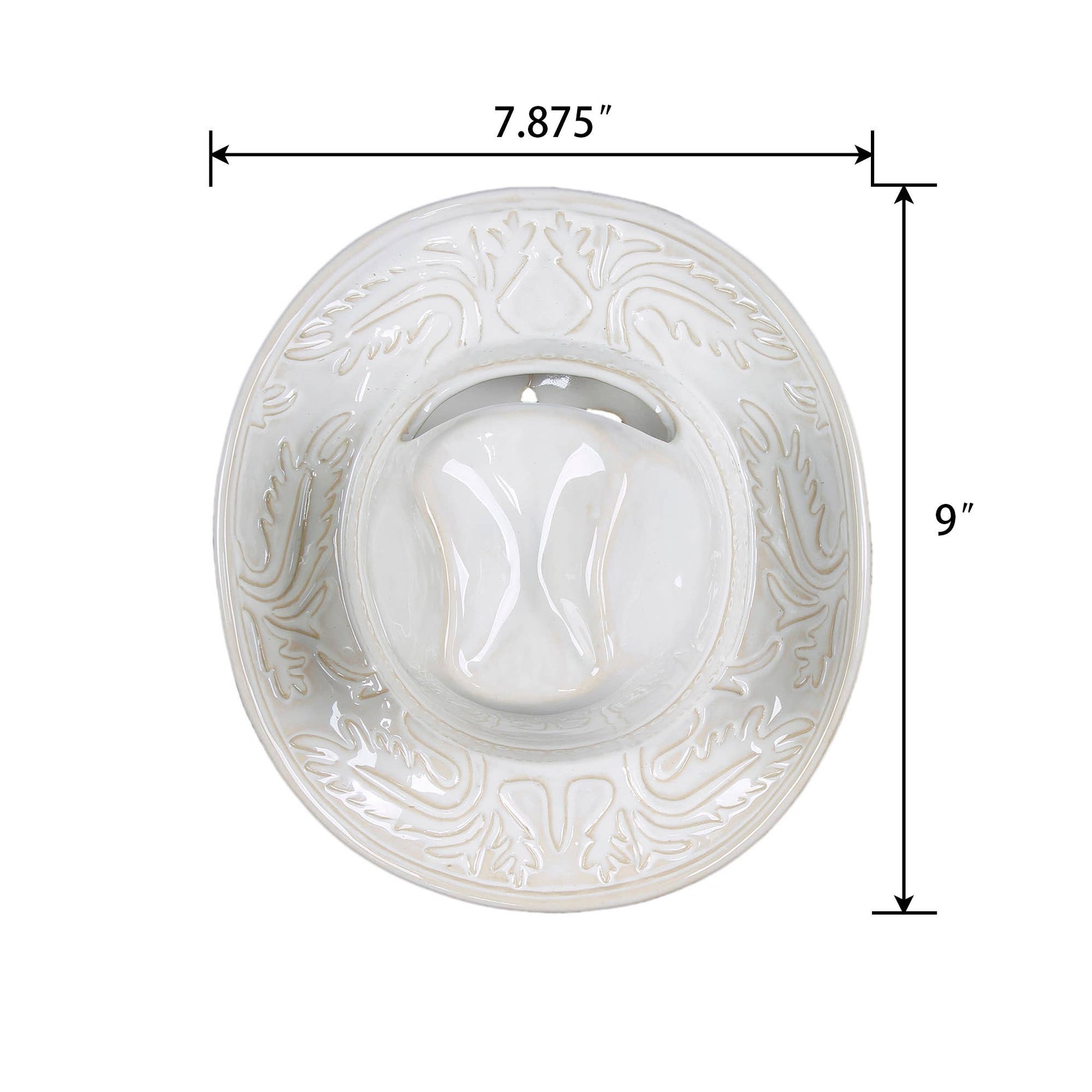 White ceramic cowboy hat shaped vase with intricate patterns and measurements on a white background (9" tall, 7.875" width)