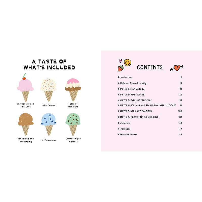 Ice cream cone illustrations with a pink gradient background and text on self-care and wellness.