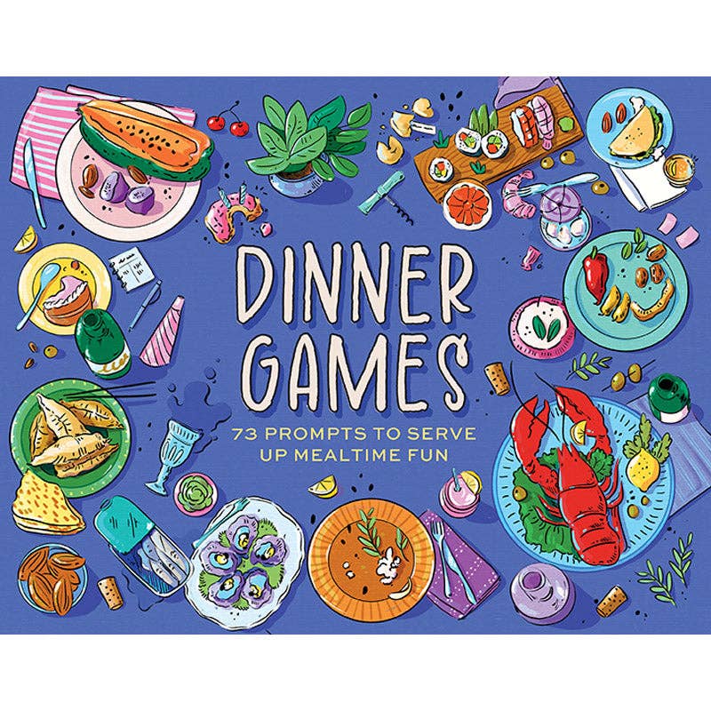 Book cover of 'Dinner Games' with illustrations of meals and text on a blue background