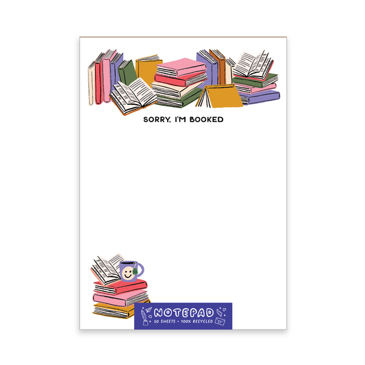 Notepad with colorful books illustration and 'Sorry, I'm Booked' text on a white background