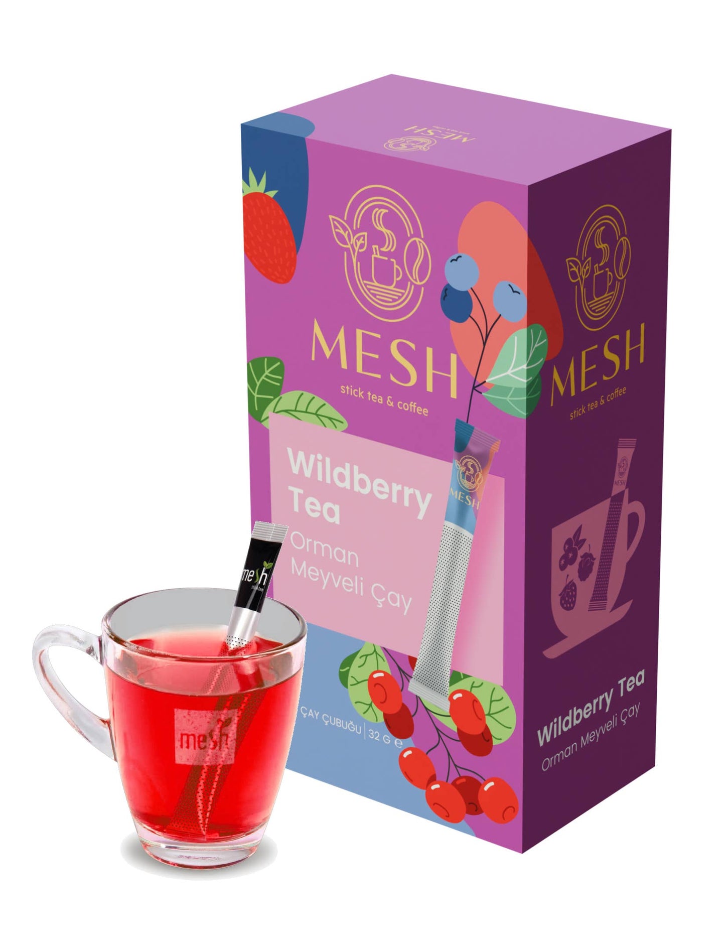 Mesh Wildberry Tea packaging with a glass of red tea on a white background
