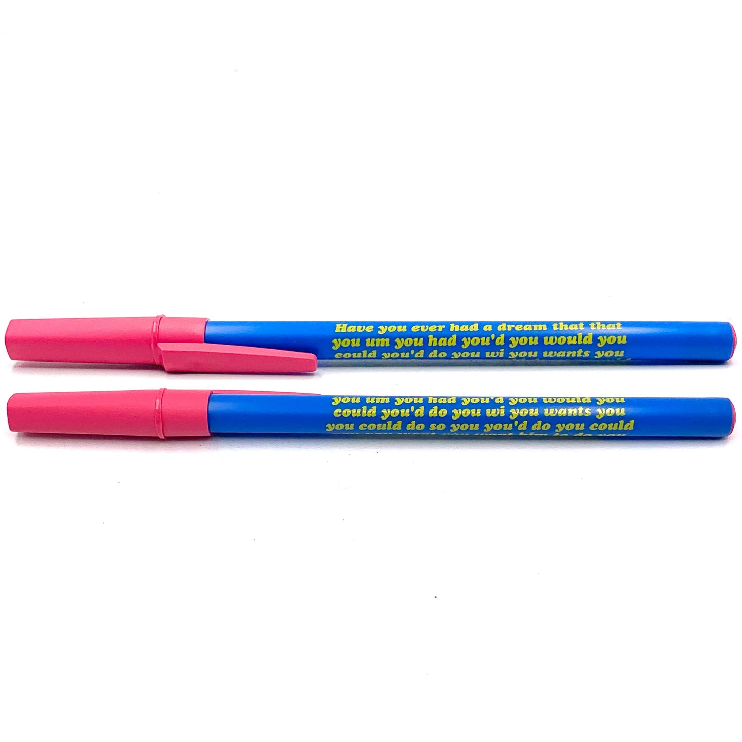 Two blue and pink markers with text on a white background