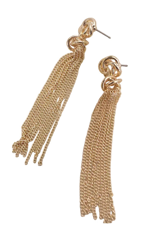 Two gold earrings with knot design and chain tassels on a white background