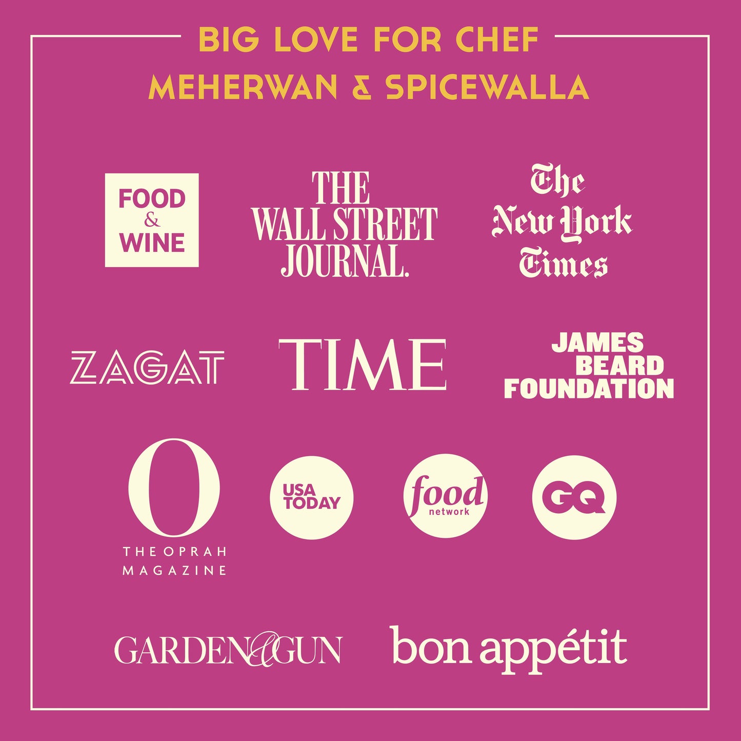 Promotional graphic with various media outlets' logos on a pink background