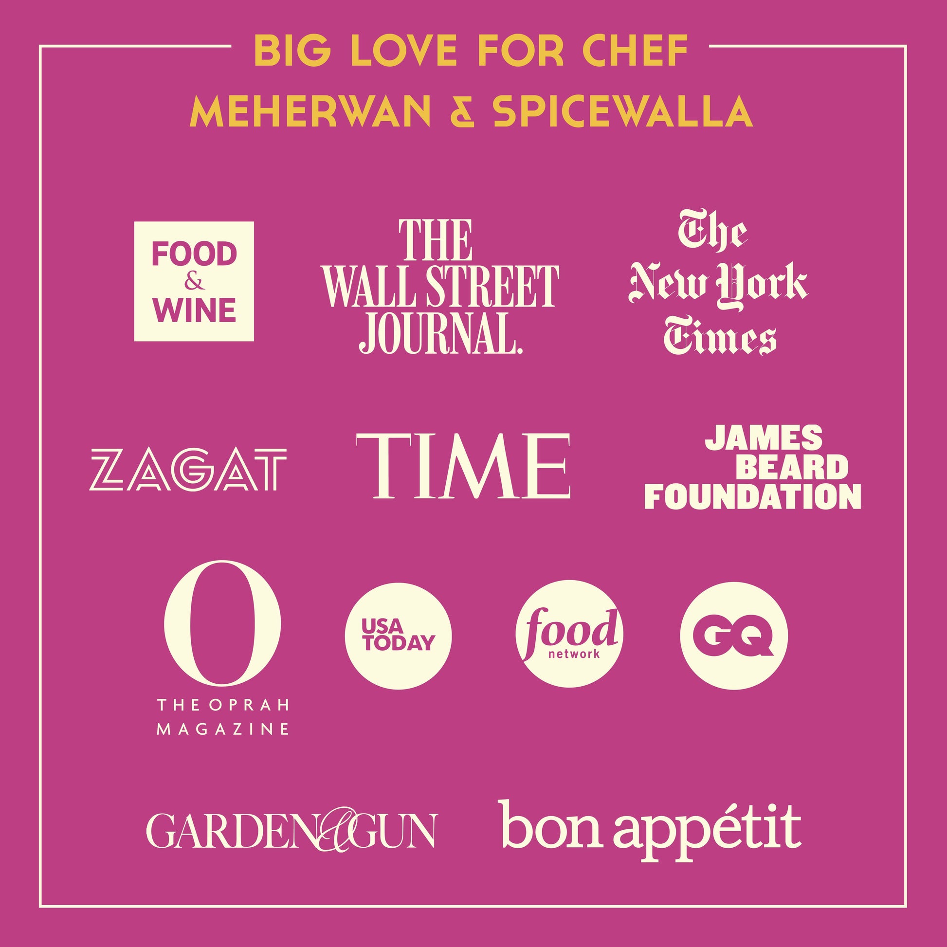 Promotional graphic with various media outlets' logos on a pink background