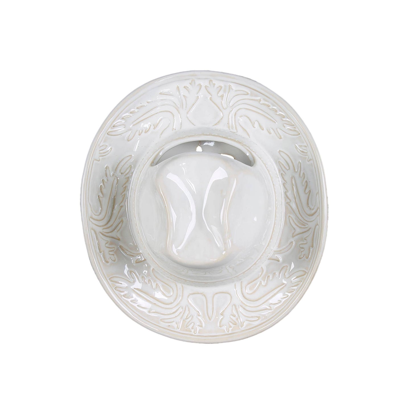 White ceramic Cowboy hat shaped vase with decorative patterns on a white background