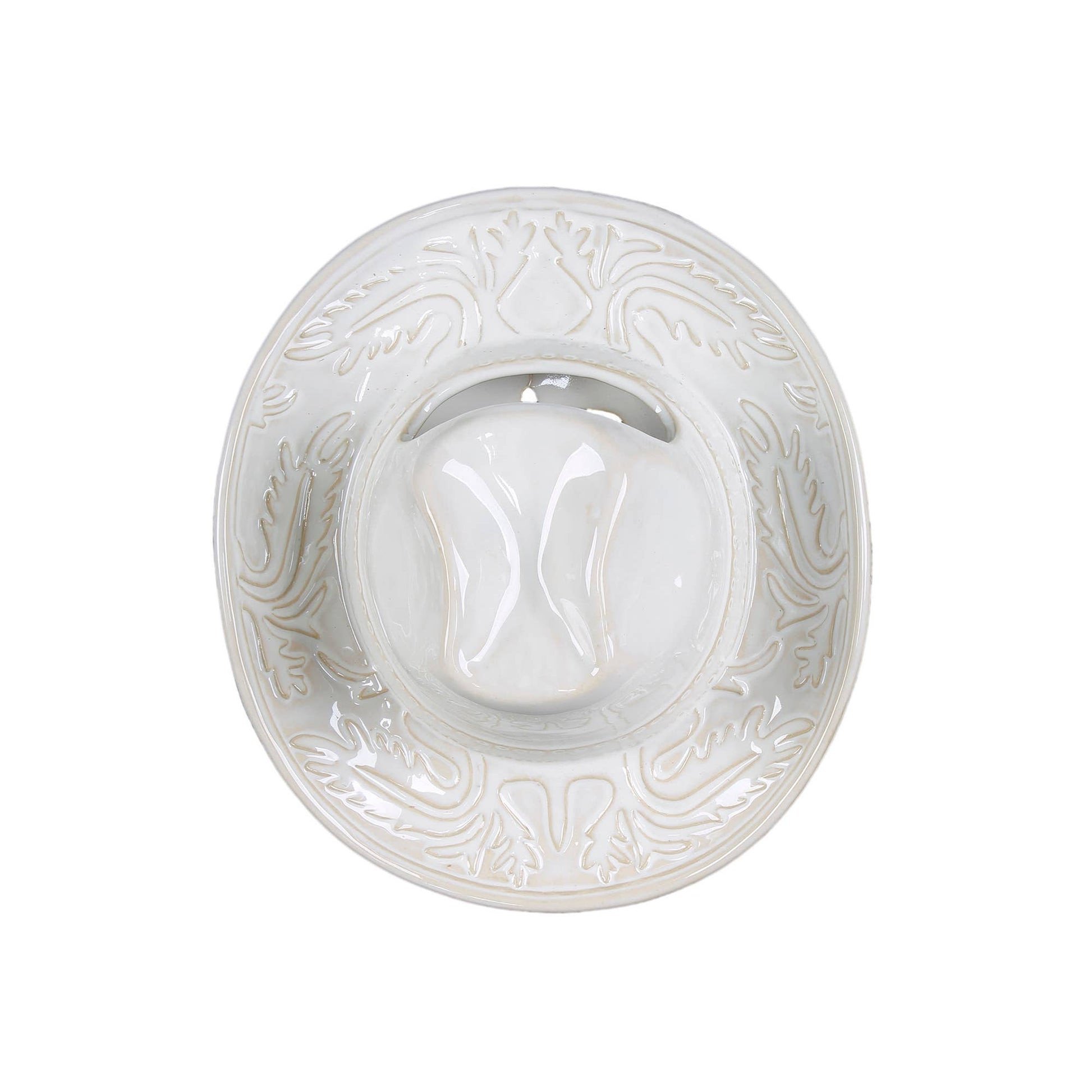 White ceramic Cowboy hat shaped vase with decorative patterns on a white background