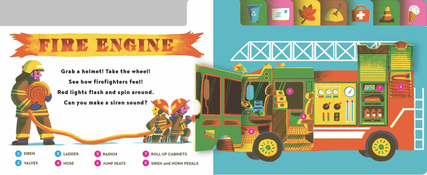 Illustrated book page about a fire engine with a firefighter and fire truck on a colorful background.