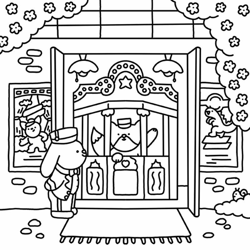 Black and white illustration of a toy store window display with a snowman and teddy bear, framed by decorative elements.