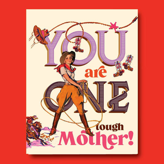 Vintage-style card with a woman  and text on a red background