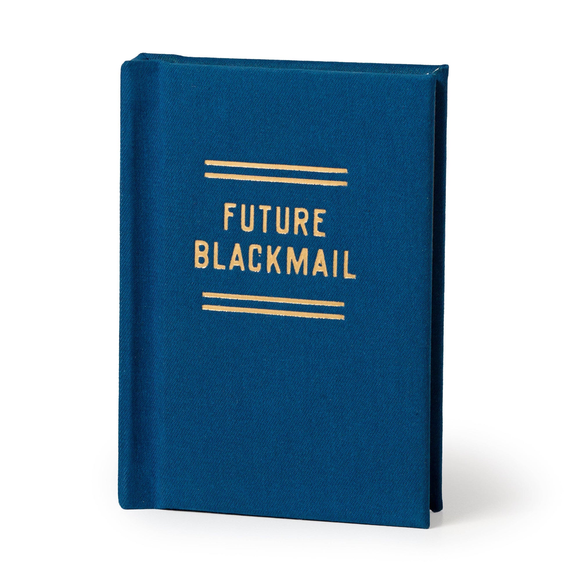 Blue book titled 'Future Blackmail' on a white background