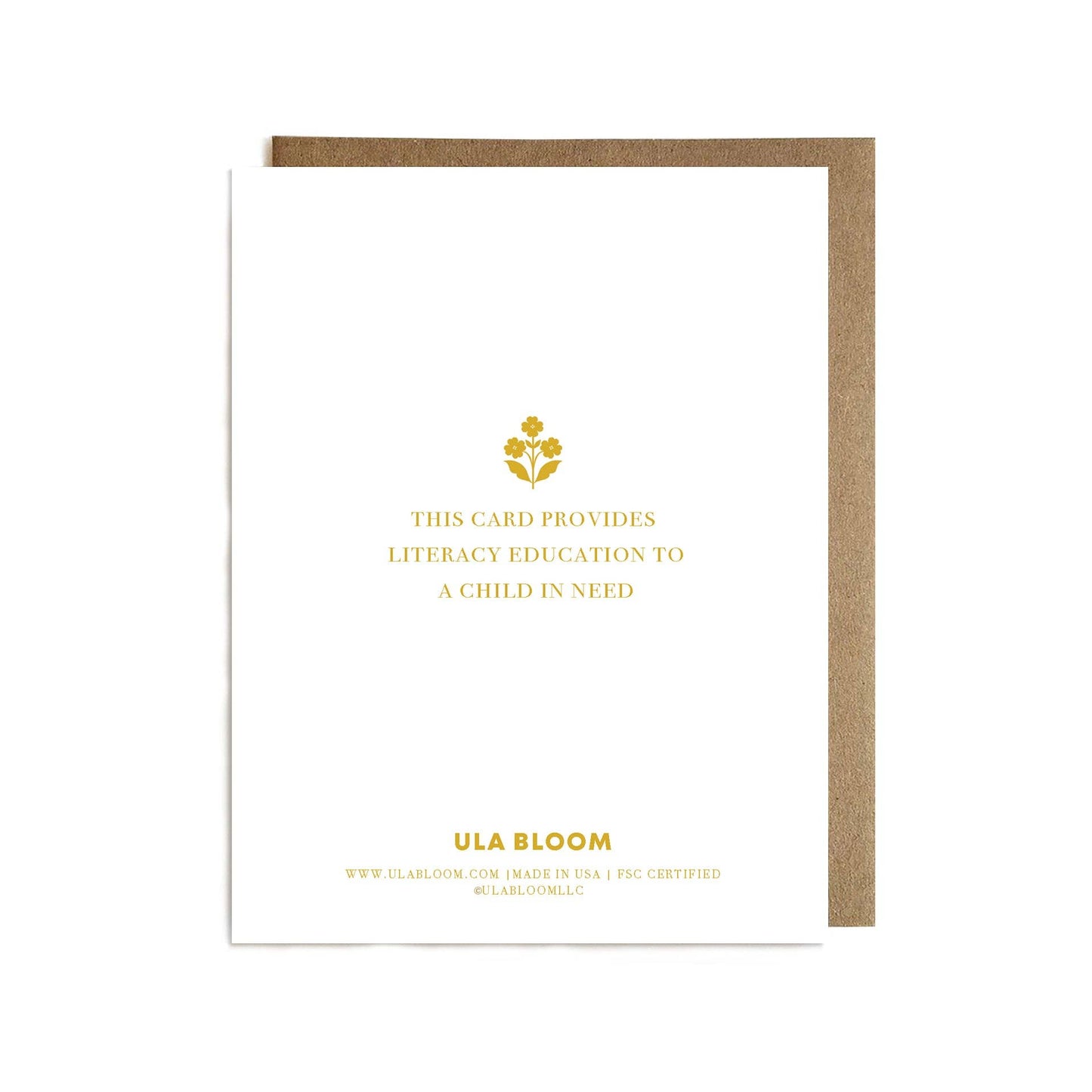 Ula Bloom literacy education card with gold text and logo on a white background