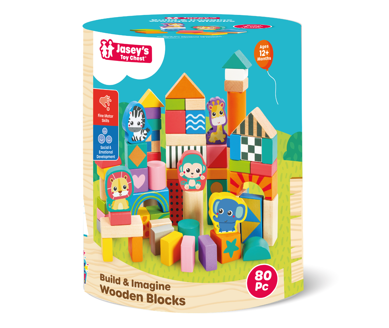 Box of Jasey's Toy Chest Build & Imagine Wooden Blocks on a white background