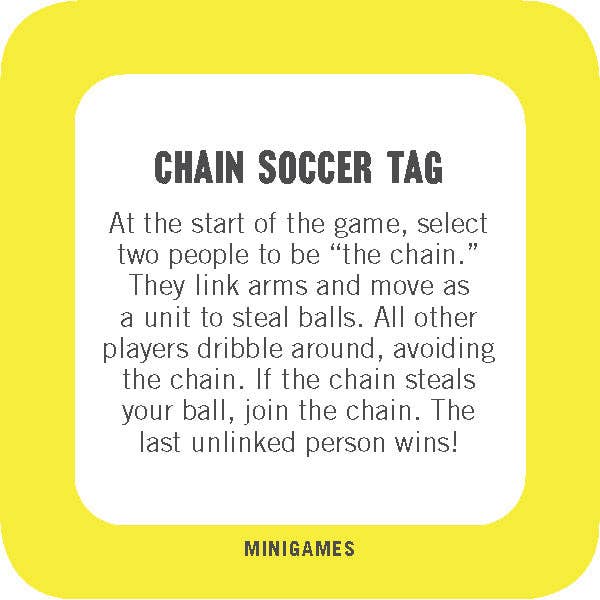 Instructional card for Chain Soccer Tag game on a yellow border