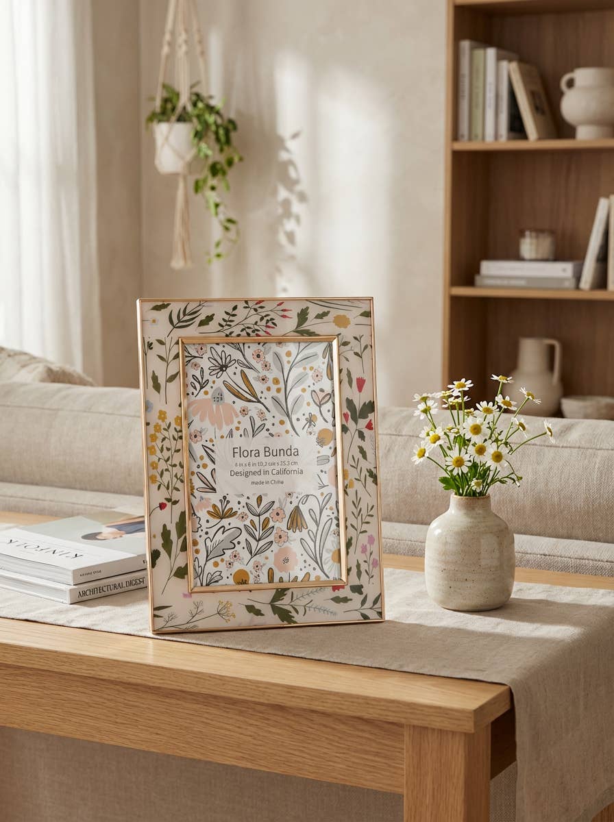 Decorative photo frame with floral design on a table in a cozy living room.