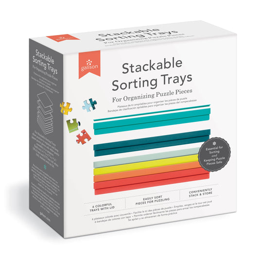 Box of Gallison stackable sorting trays for organizing puzzle pieces on a white background