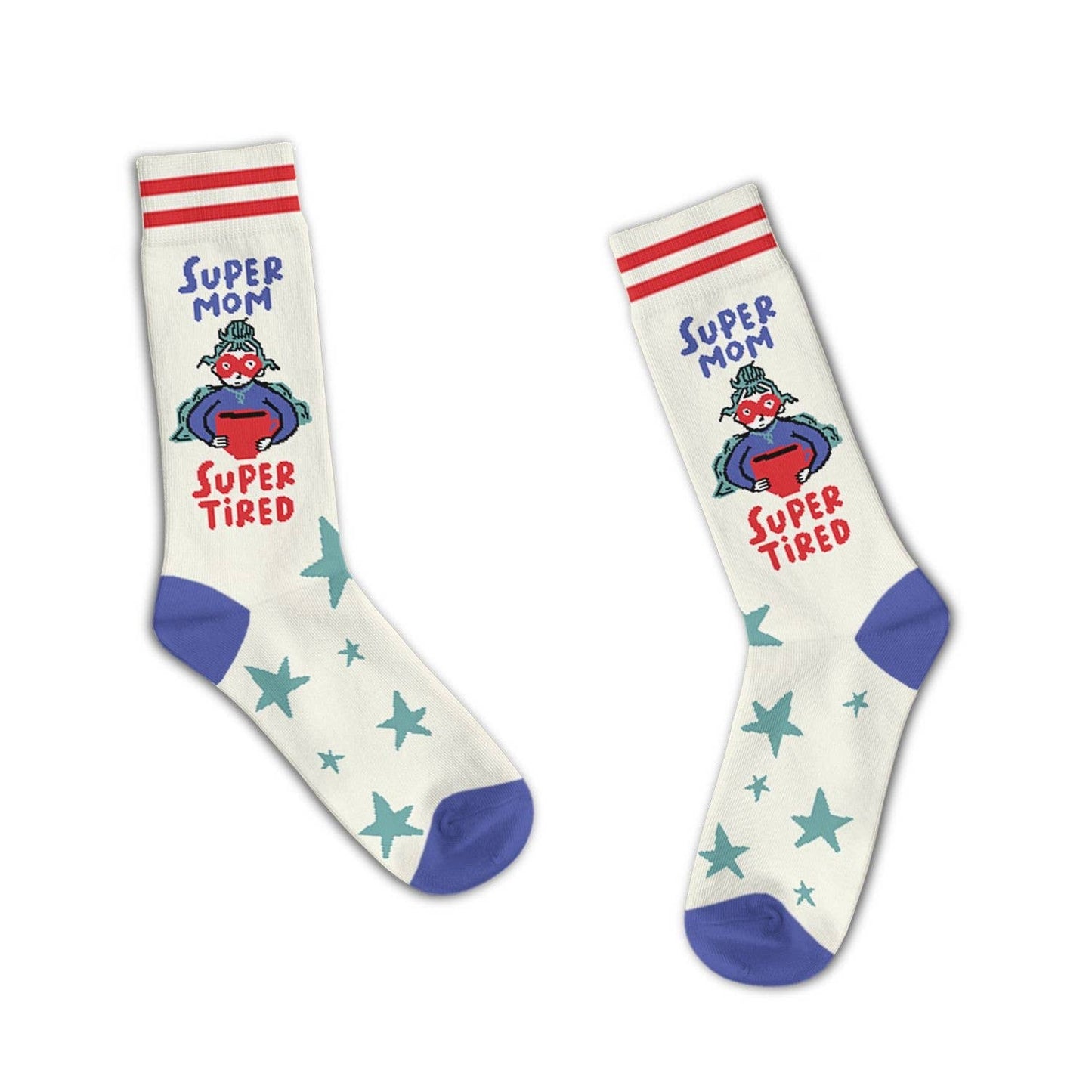 Pair of socks with 'Super Mom Super Tired' text and star patterns on a white background