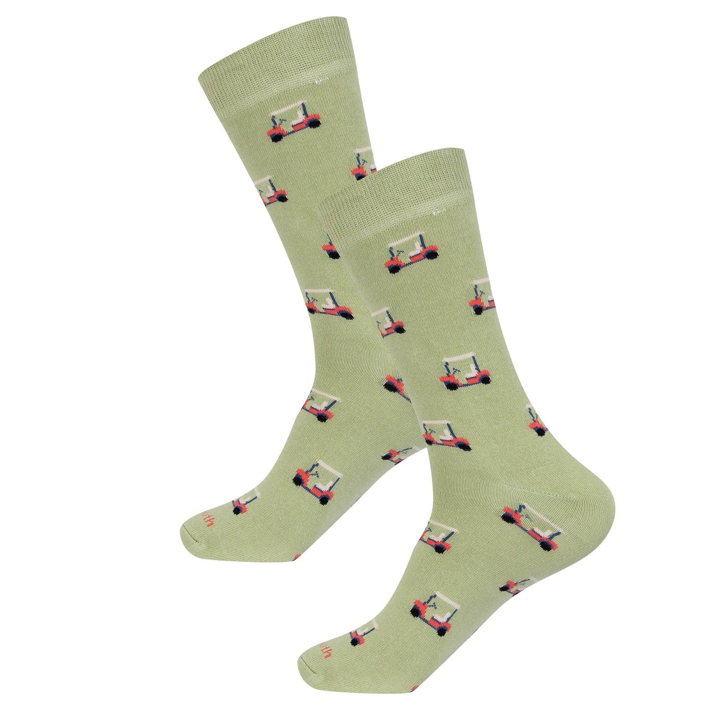 Pair of green socks with red and black patterns on a white background