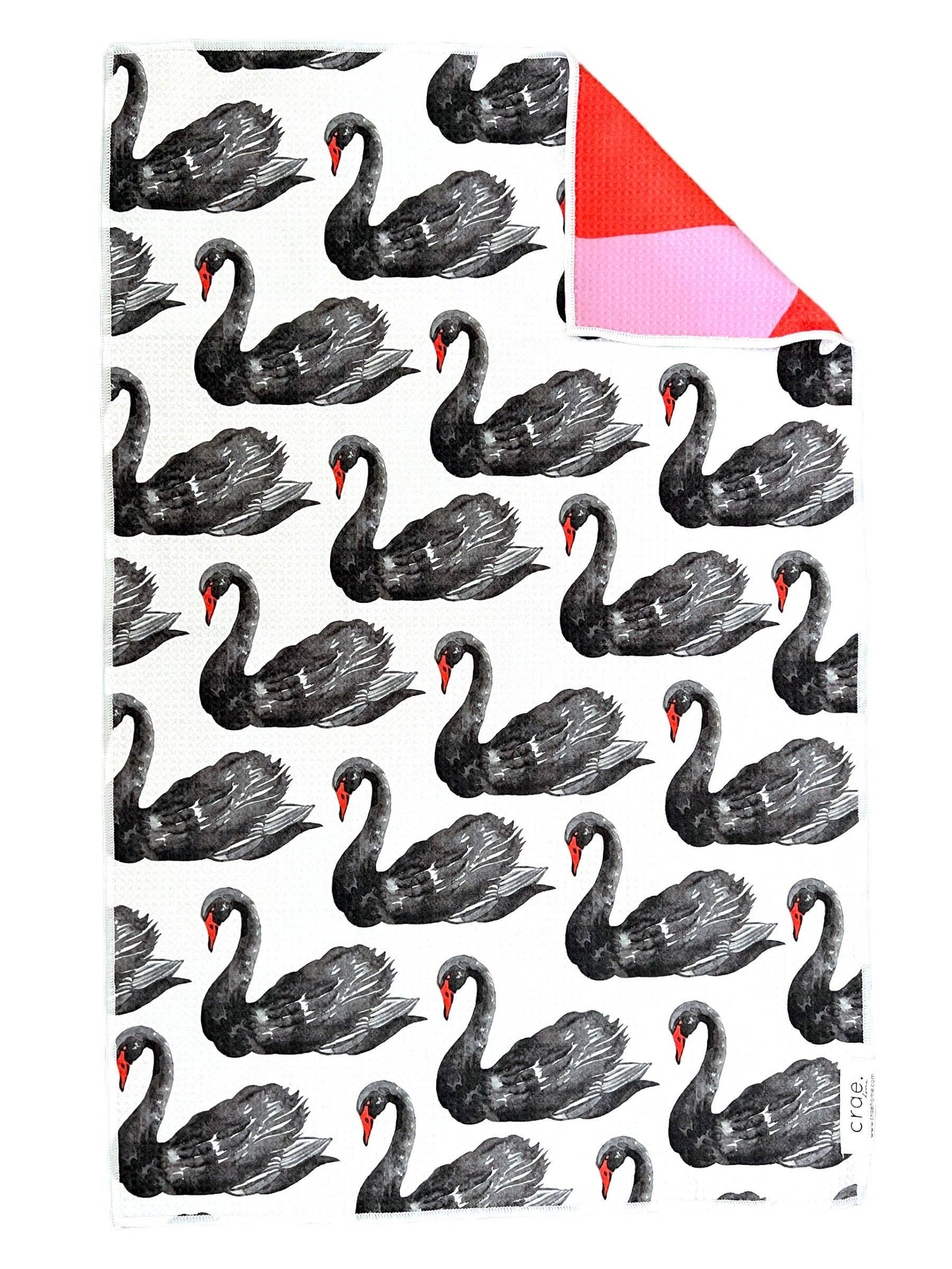Pattern of black swans with a red and pink triangle on a white background