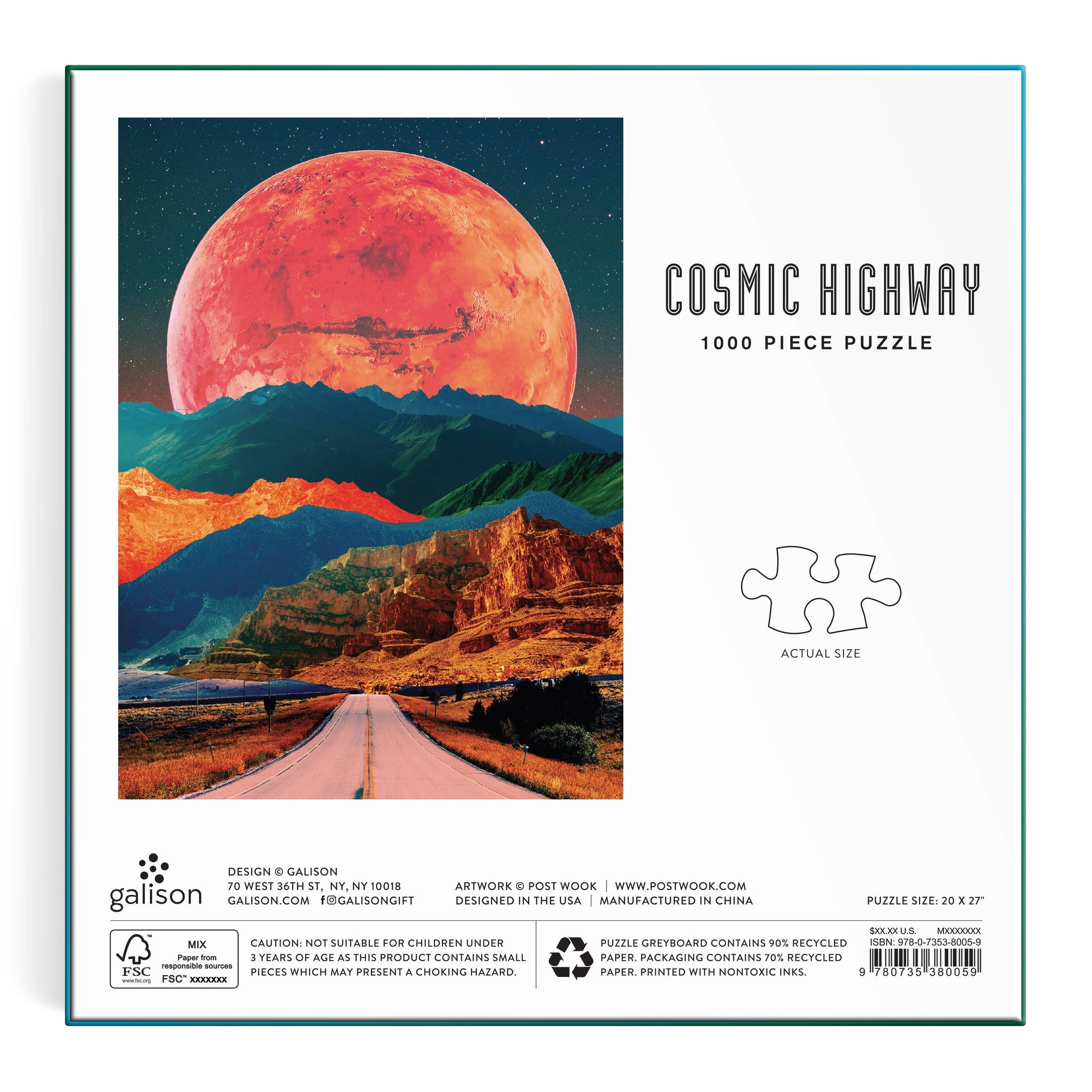 Puzzle box with 'Cosmic Highway' design featuring a red planet and mountain landscape.