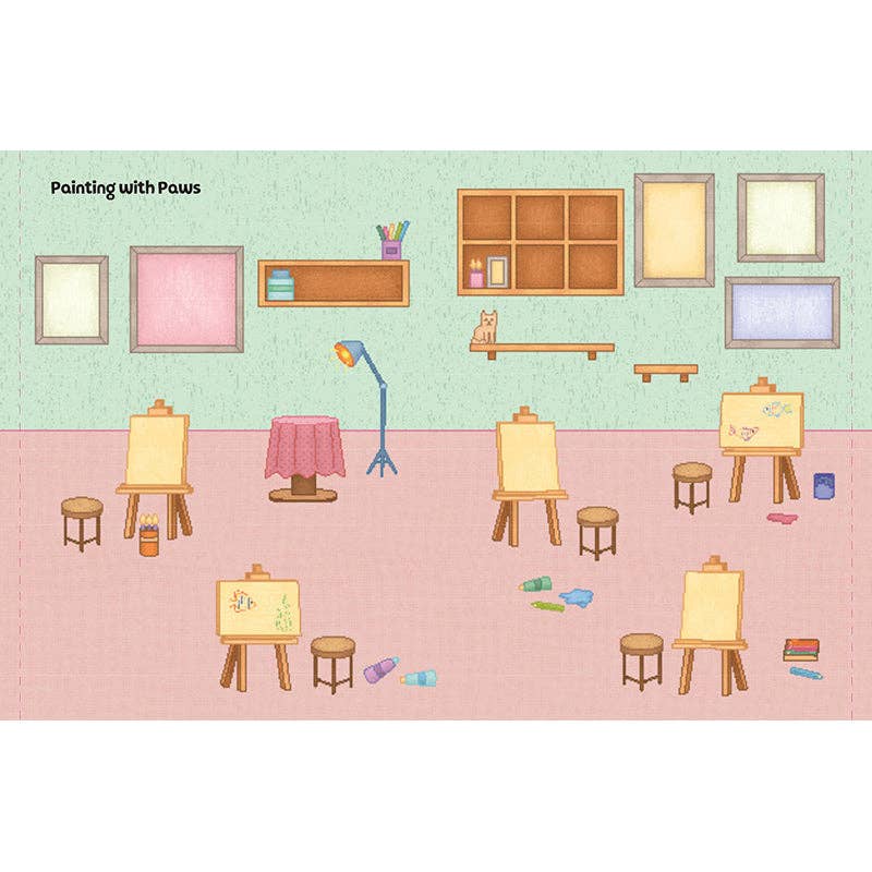 Illustration of an art studio with easels, paintbrushes, and frames.