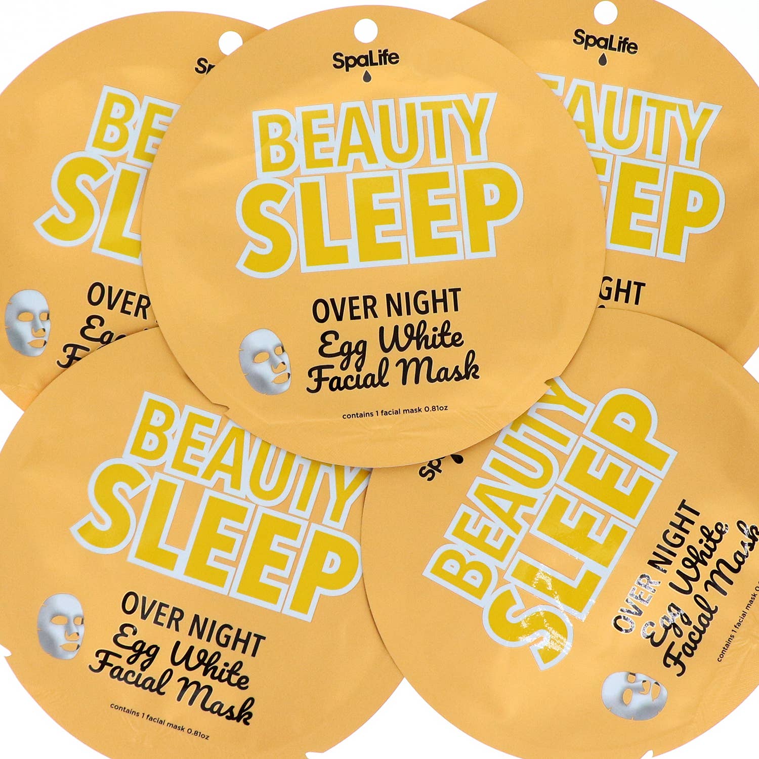 SpaLife Beauty Sleep facial masks in packaging with yellow, gold and white design stacked on a white background