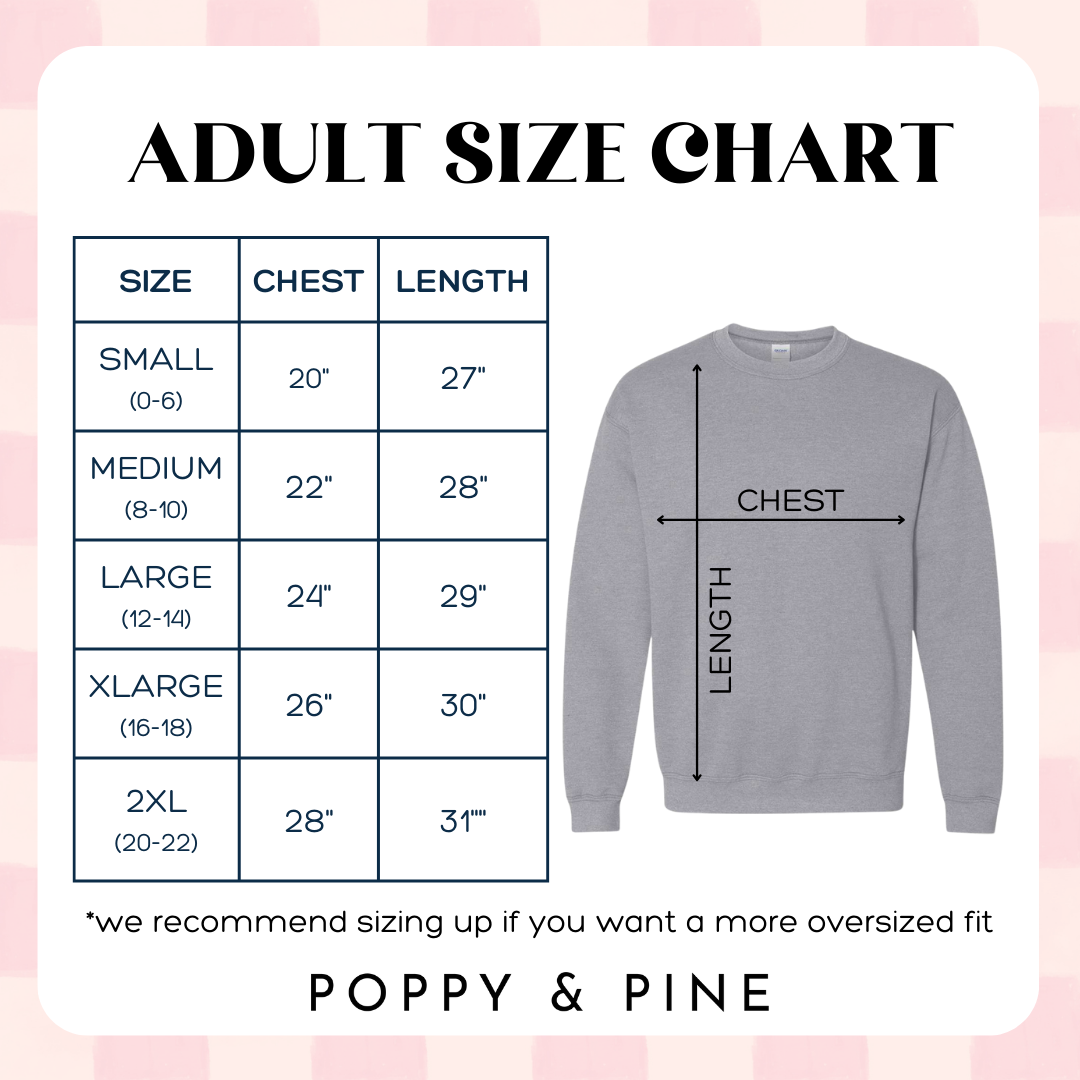 Adult size chart for a gray sweatshirt with measurements on a pink background, featuring the brand 'Poppy & Pine'.