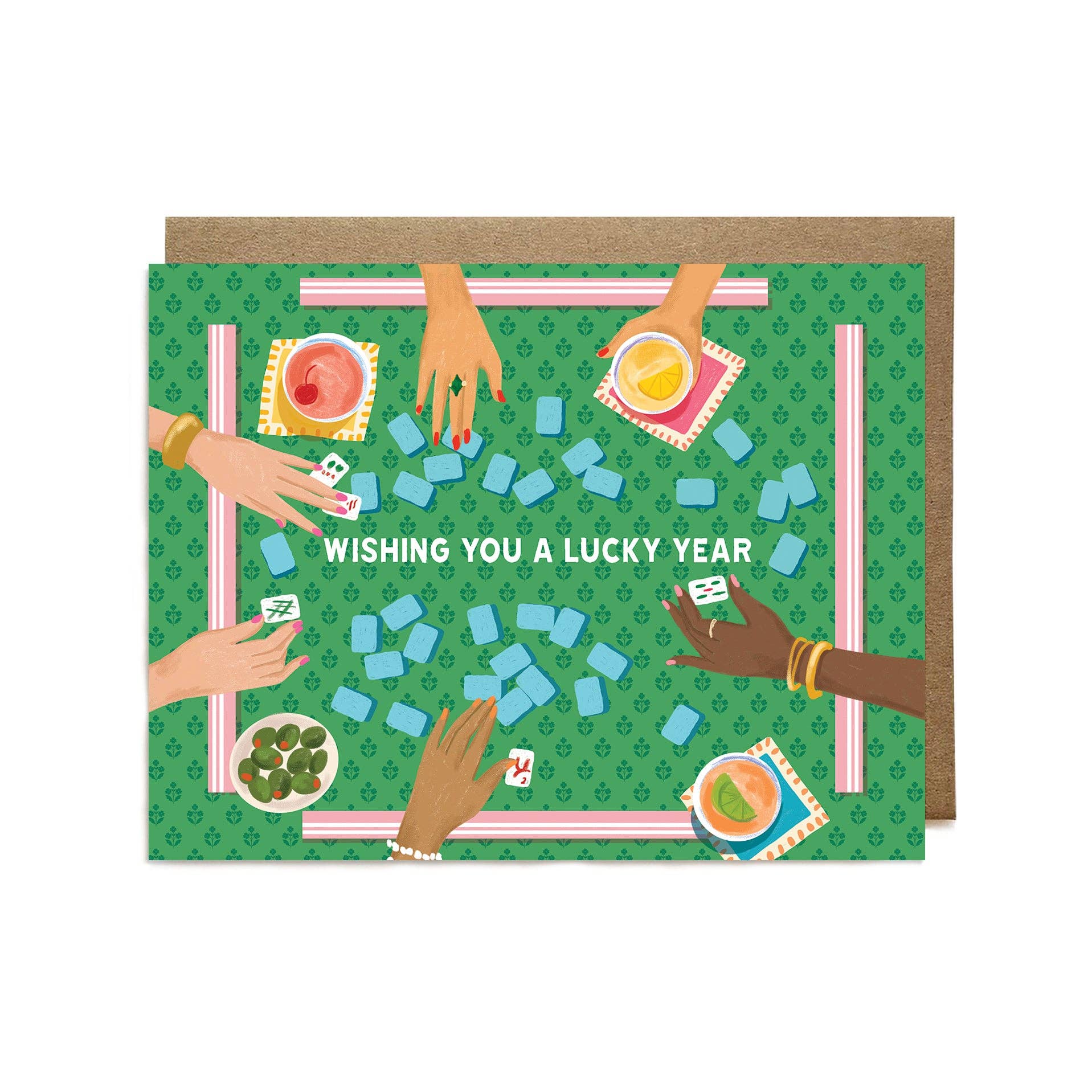 Greeting card with illustration of hands playing a game, featuring text 'Wishing you a lucky year'.