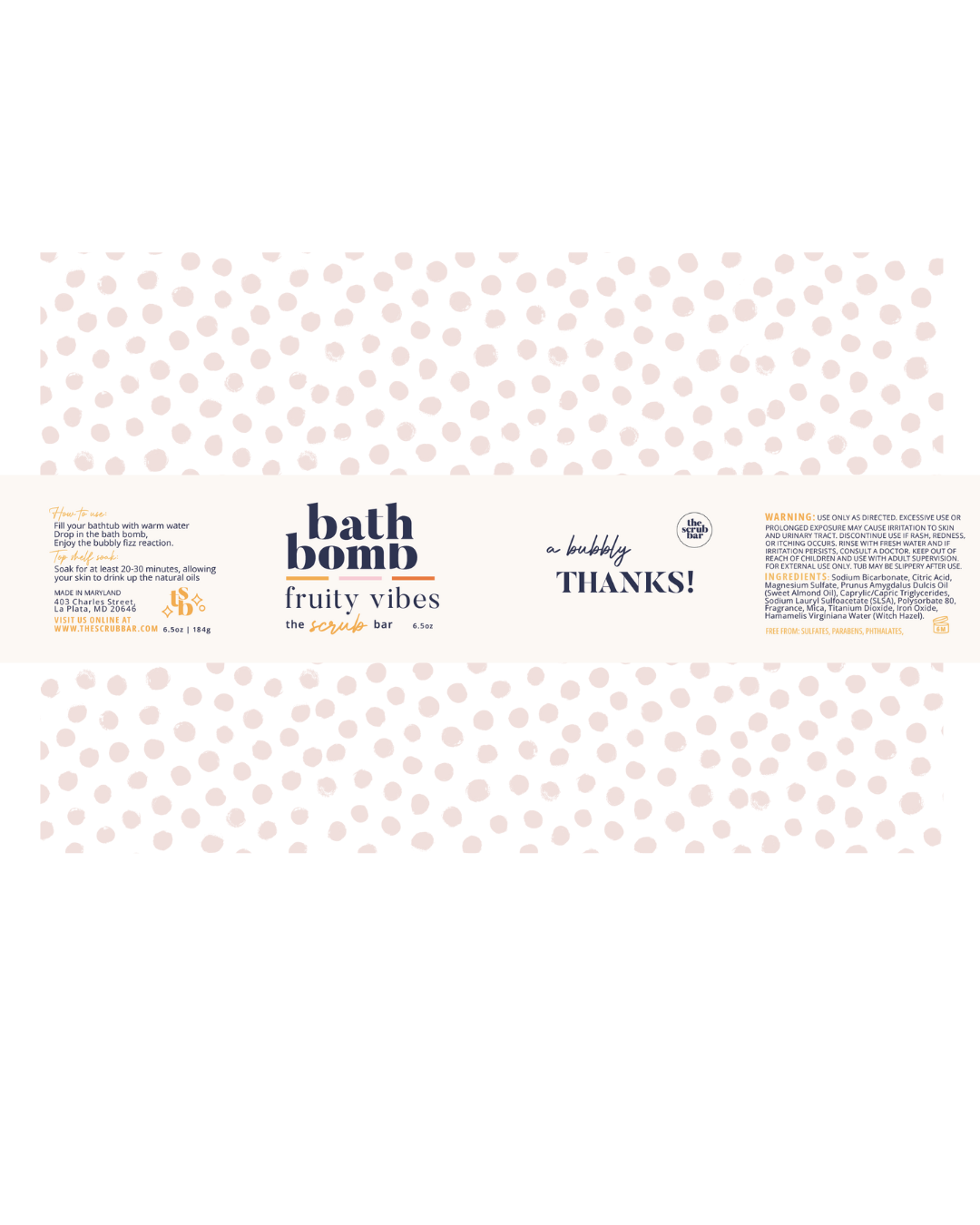 Bath bomb packaging with polka dot pattern and text on a white background