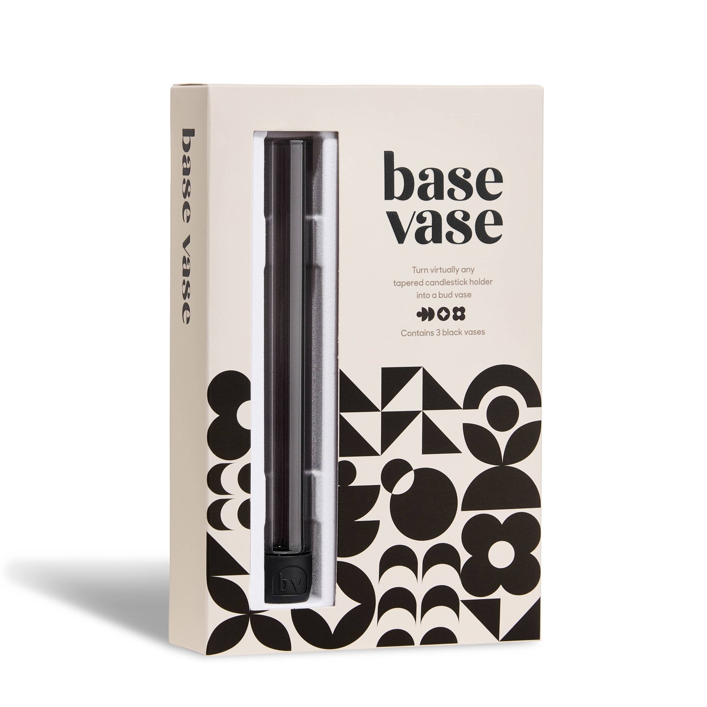 Base Vase packaging with black and white design on a beige background