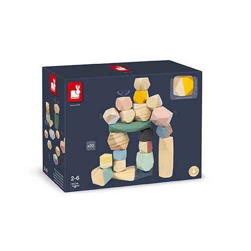 Box of colorful wooden building blocks with a rabbit logo on a white background