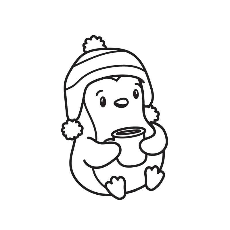 Black and white line drawing of a cartoon penguin wearing a winter hat and holding a mug on a white background