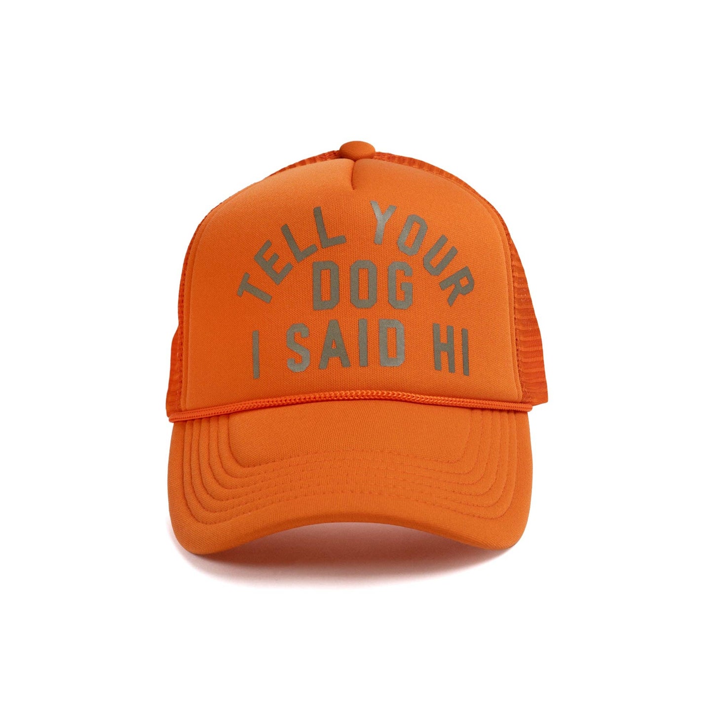 Orange cap with text 'Tell your dog I said hi' on a white background