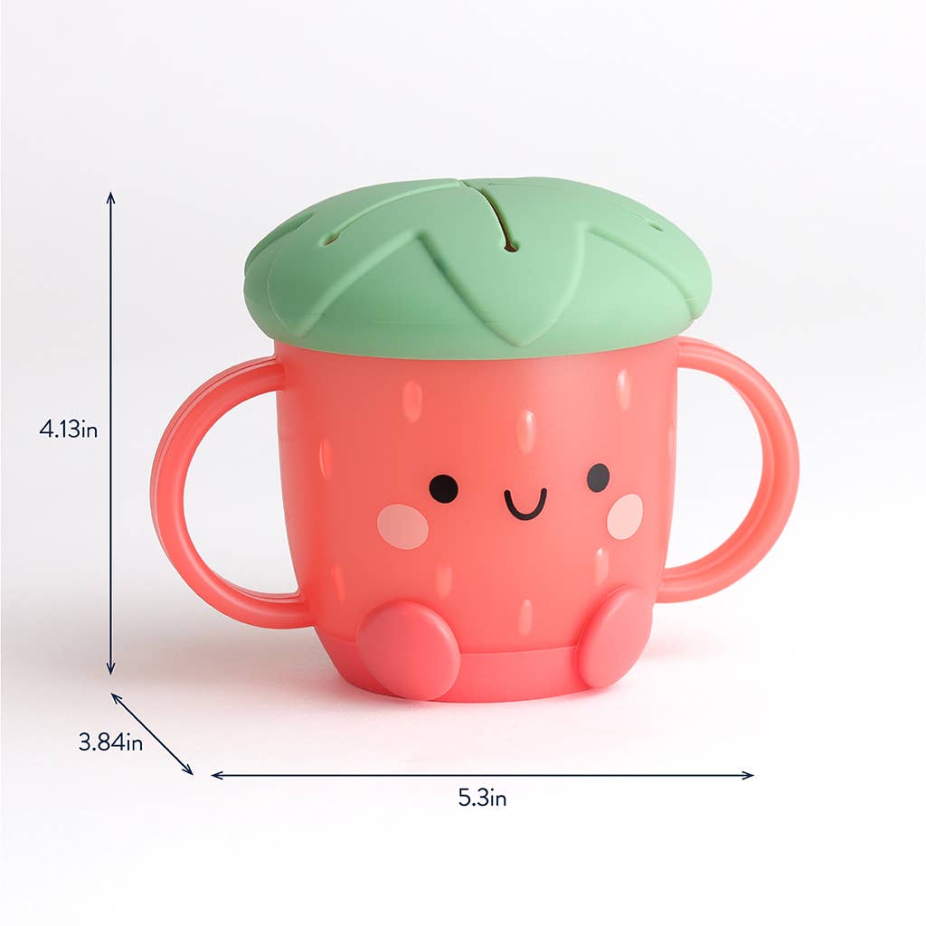 Strawberry-themed children's cup with green lid and measurements on a white background (4.13" tall, 5.3" wide)