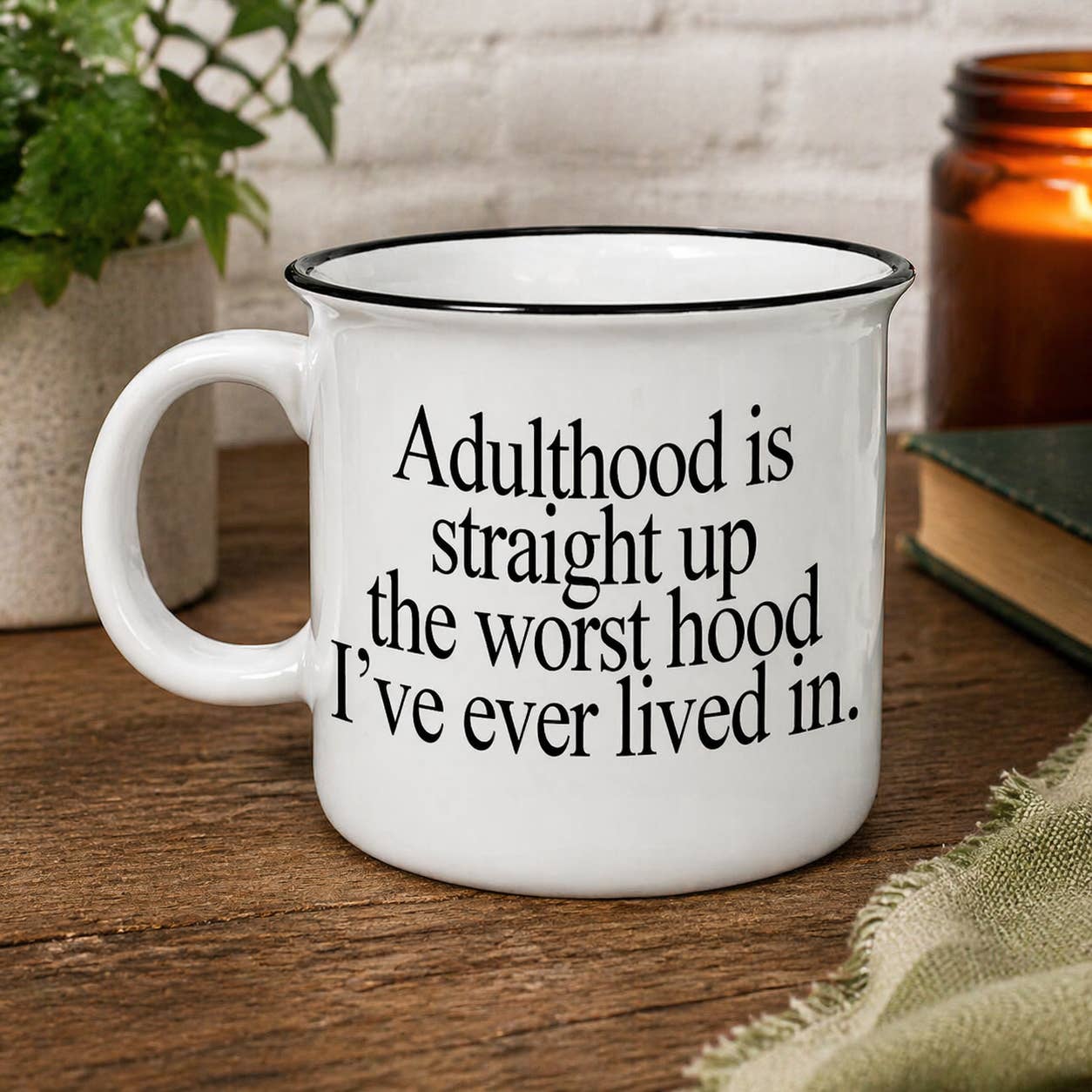 Funny “Adulthood is the Worst Hood” Mug