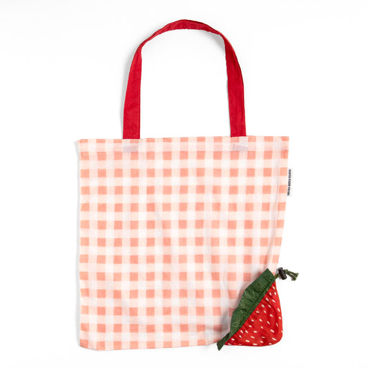 Tote bag with red and white checkered pattern and a small pouch attached, on a white background